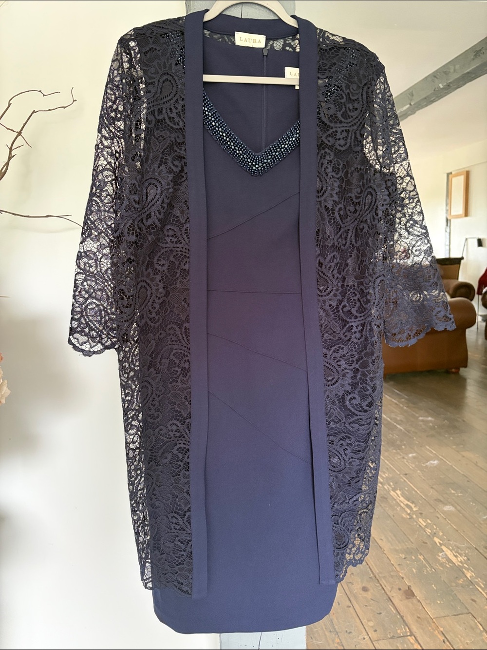 Laura Navy Lace Overlay Sheath Dress with Beaded Neckline TWO PIECE